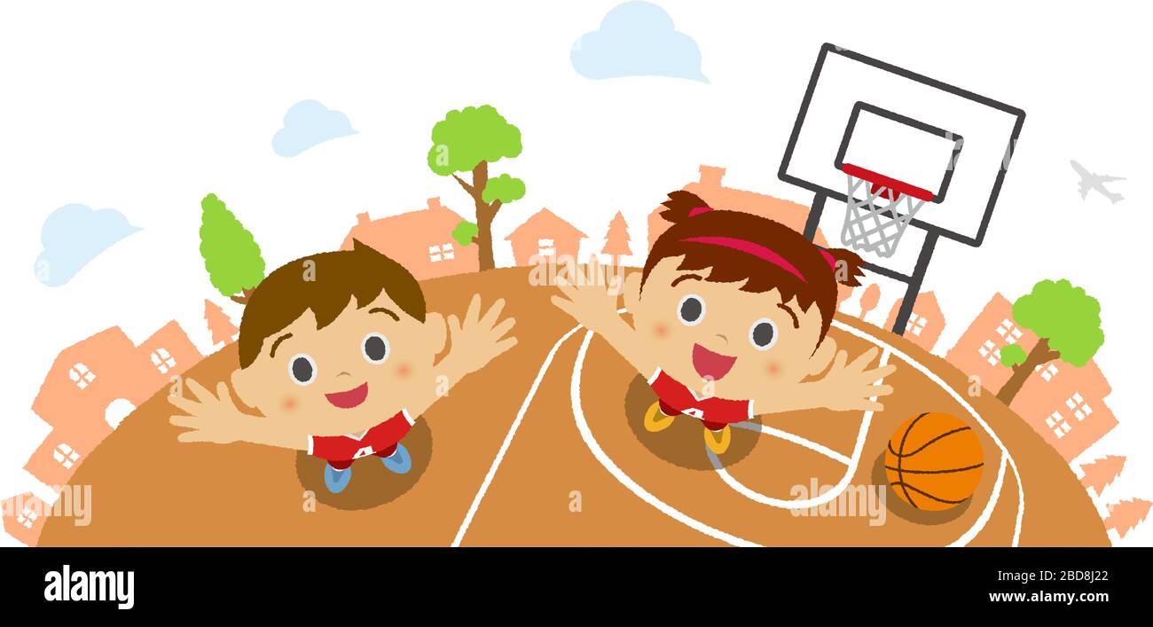 Kids (children / boy and girl) looking up into the sky (wearing basketball uniform). Vector cartoon illustration. Basketball court background (bird's Stock Vector