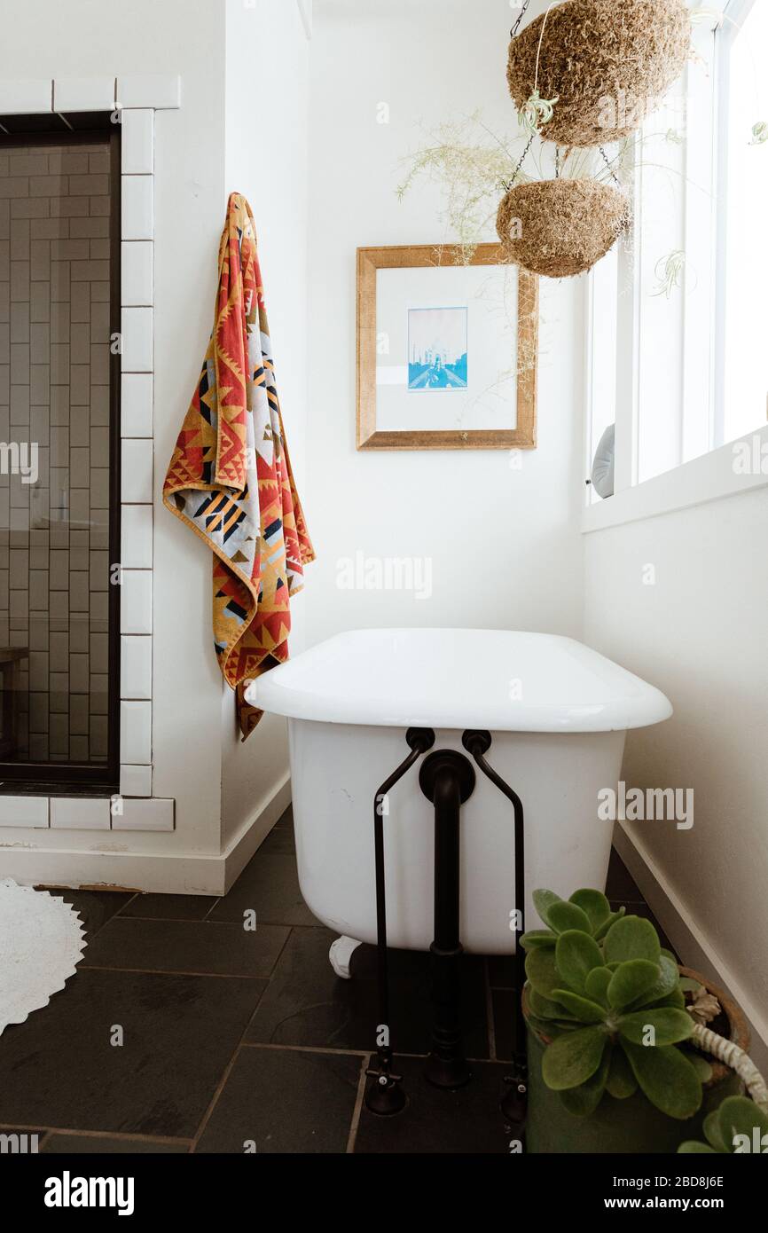 mostly white bathroom with pop of color as interior design inspiration Stock Photo