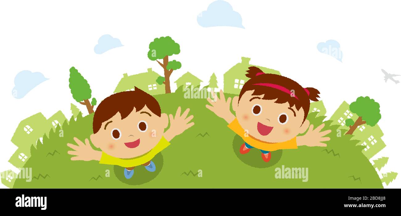Kids (children / boy and girl) looking up into the sky (bird's eye view). Vector cartoon illustration. Stock Vector