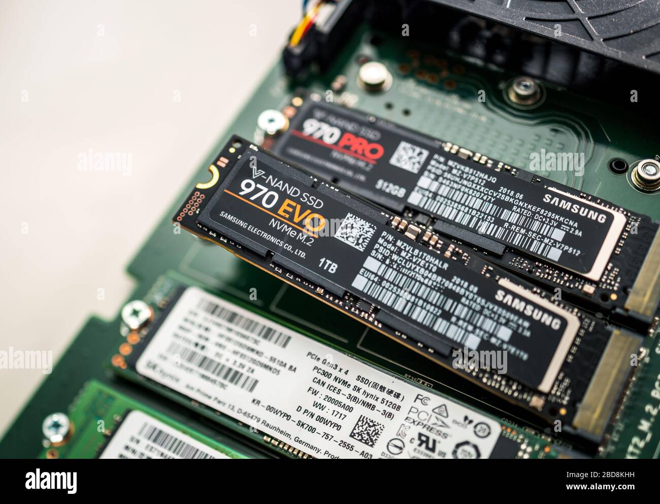 Paris, France - Jan 18, 2019: Close-up macro shot of array of fast NVME ssd computer disk with focus on the new Samsung 970 EVO V-nand SSD Stock Photo
