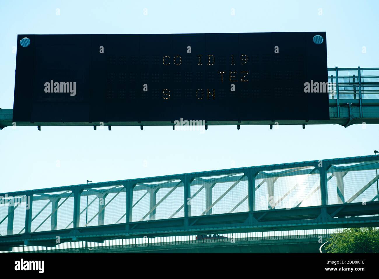 France - Apr 2, 2020: View from the highway on the information display with damaged letter take distance during social interactions Covid-19 coronavirus pandemic Stock Photo