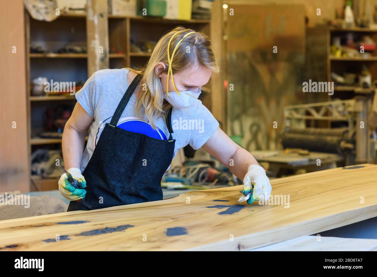 Inside the Wood Industry or Lumber Industry private sector, production of forest products. Female carpenter making slab furniture products, working in Stock Photo