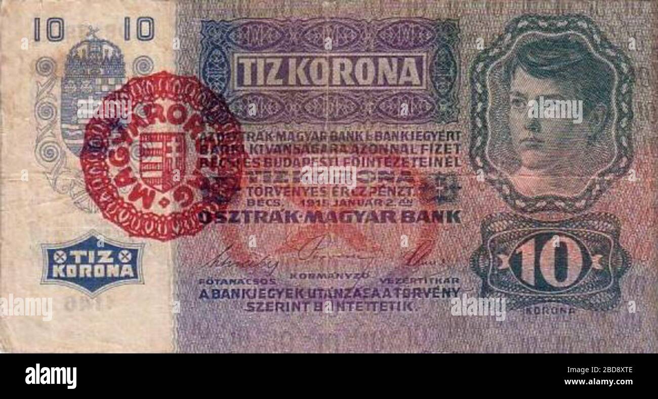 '10 Austro-Hungarian Kronen/korona, 1919 stamped Issue für Hungary - obverse; 1919; scan of an obsolete banknote; Österreichisch-Ungarischen Bank (Osztrák-Magyar Bank); ' Stock Photo