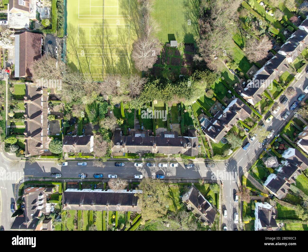 Aerial top view of Hampstead Garden Suburb and typical house cottage