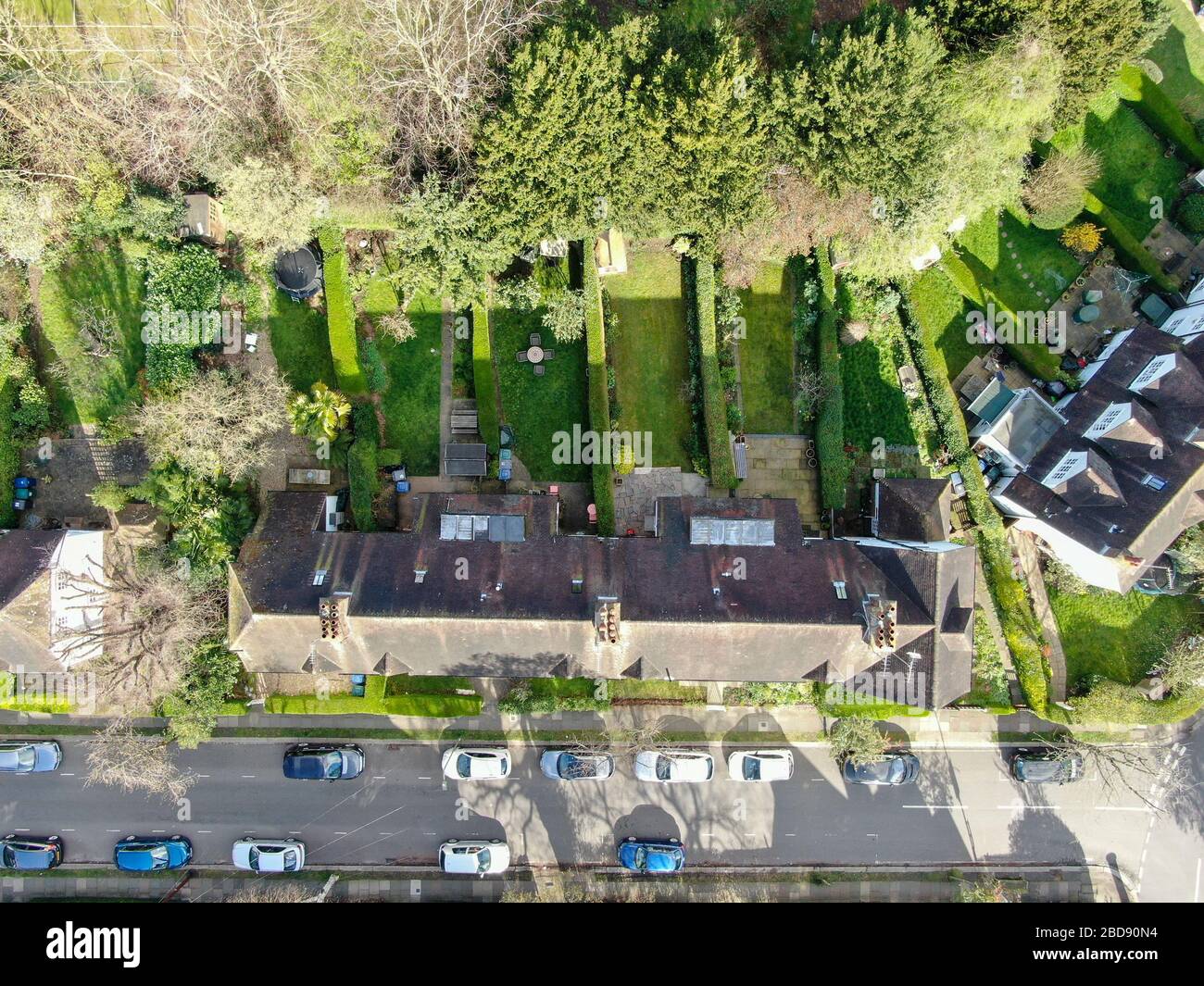 Aerial top view of Hampstead Garden Suburb and typical house cottage, an elevated suburb of
