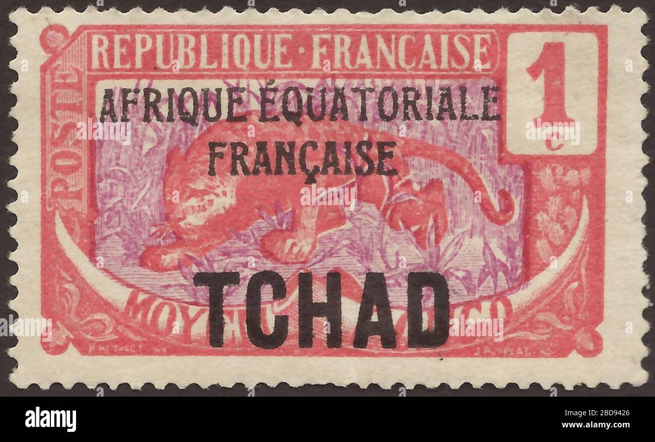'Stamp of the French colony Tchad as part of the protectorate French Equatorial Africa; 1924; definitive stamp of Middle Congo of the issue Leopard in new colors with twofold black overprint; overprint 1: two-lined black AFRIQUE ÉQUATORIALE FRANÇAISE; overprint 2: single lined, black, but with greater characters TCHAD; mint stamp: framed drawing of a Leopard (Panthera pardus); mint stamp Stamp: Michel: No. 19; Yvert et Tellier: No. 19 Color: dark rose to orange red / violet Watermark: none Nominal value: 1 C (Centime) Postage validity: from 1924 until ?  Stamp picture size (printed area): 35.0 Stock Photo