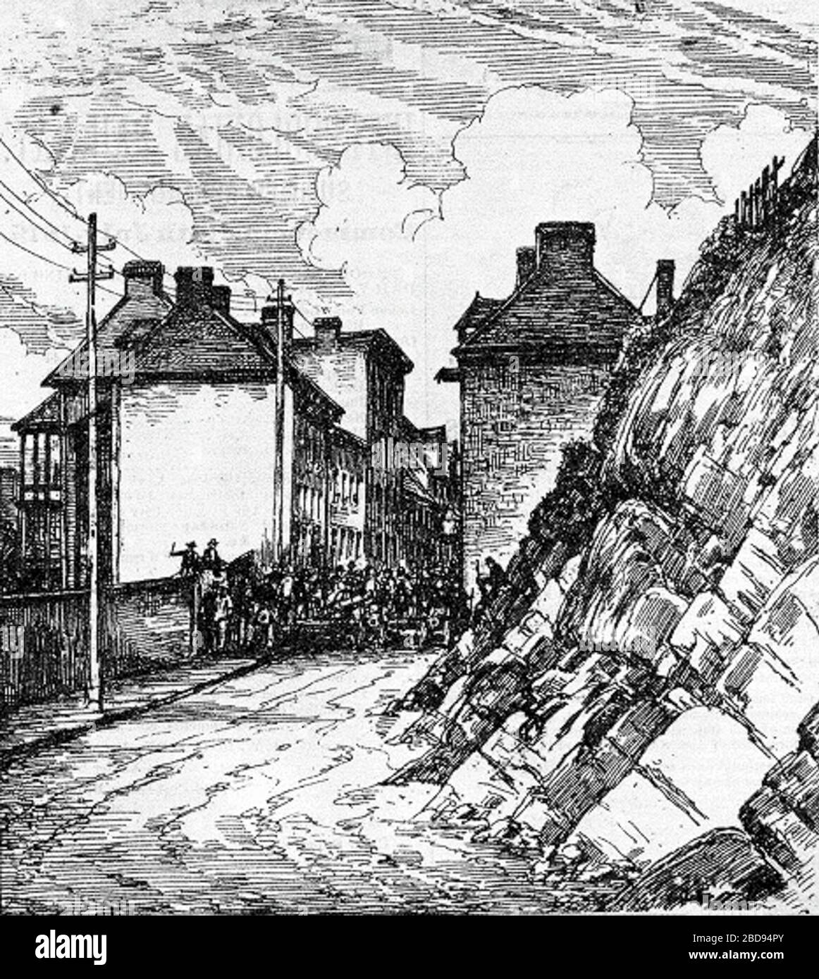 'English: The Quebec Riots. The Barricade on Champlain Street Français : Les émeutes de Québec. Barricades sur la rue Champlain.; 30 August 1879; Item: The Quebec Riots. The Barricade on Champlain Street, at Libray and Archives Canada, which reproduced it from Canadian Illustrated News, vol.XX, no. 9, p. 144, published 30 August 1879.; Unknown author; ' Stock Photo