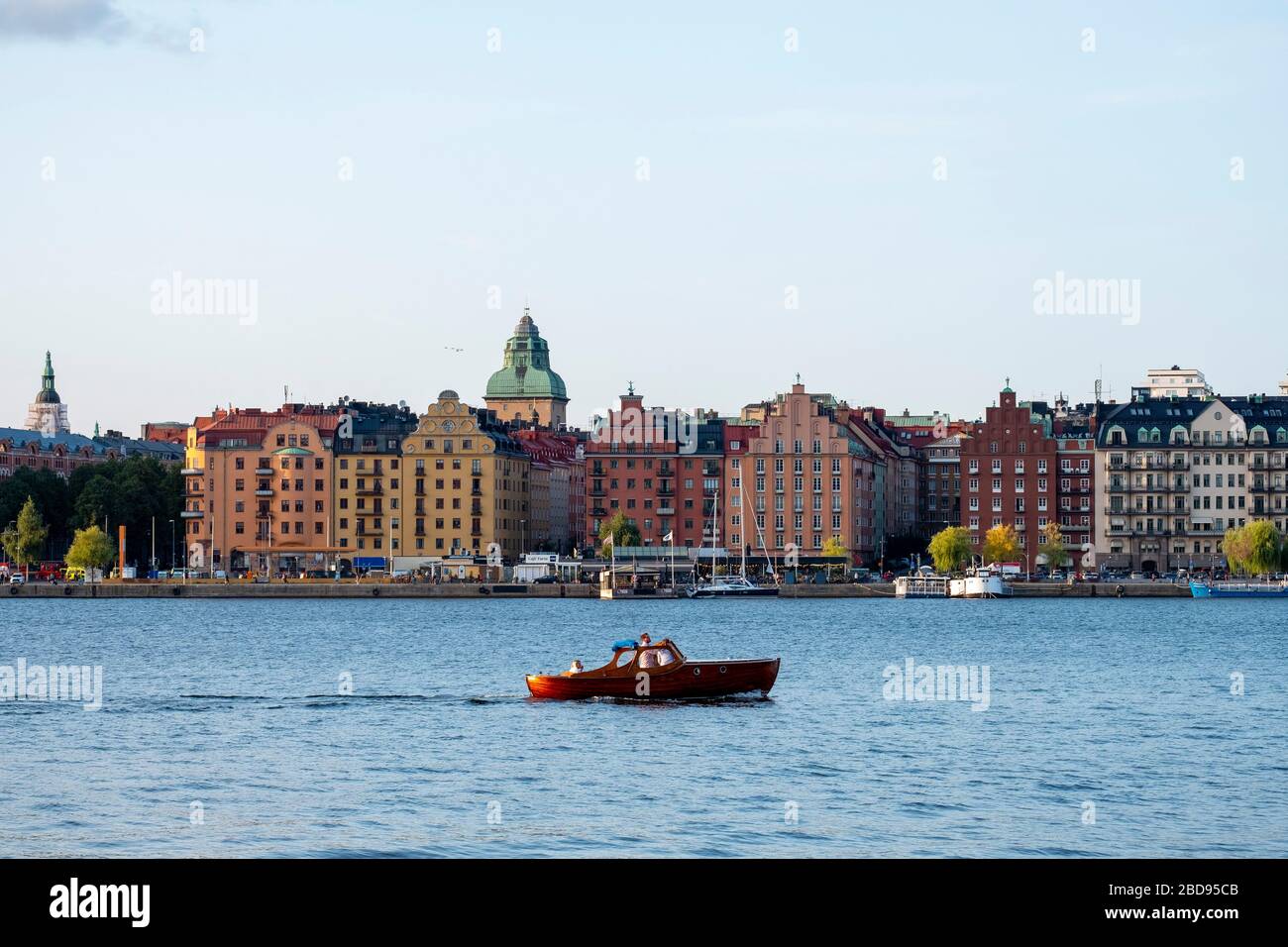 Small motor boat on the waterfront in Stockholm, Sweden, Europe Stock Photo