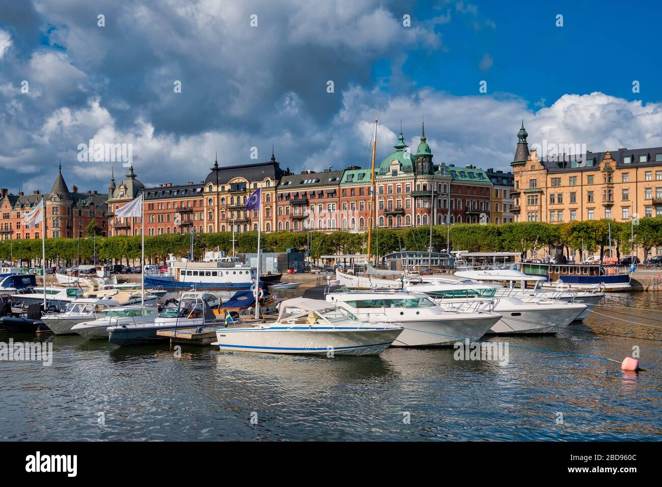 Boats moored in an harbor in Stockholm, Sweden, Europe Stock Photo