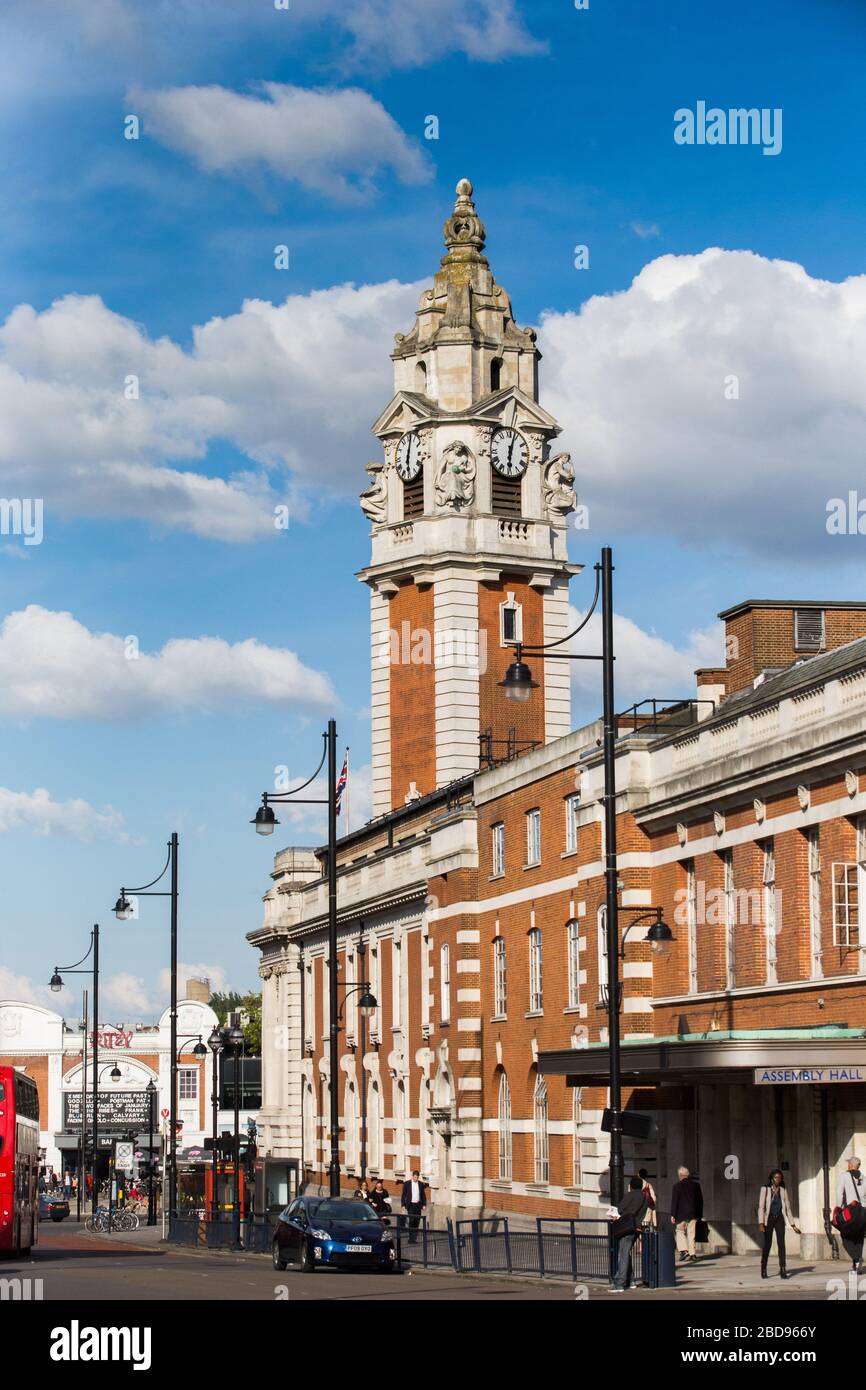 Clock tower at Lambeth Town Hall, also known as Brixton Town Hall, is the head office of the London Borough of Lambeth on Brixton Hill and Acre Lane Stock Photo