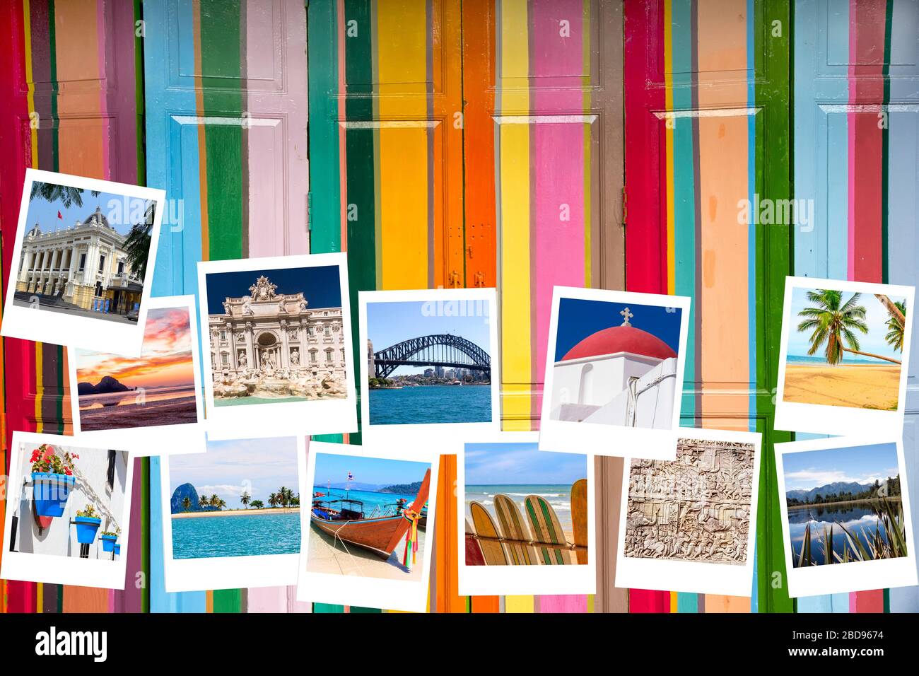 Travel photos on colourful doors background Stock Photo