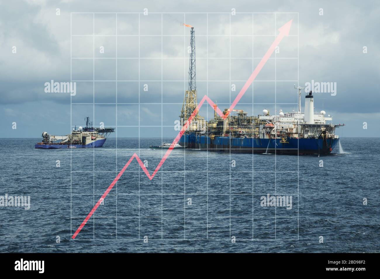 Concept of growth up in oil marine industry with rising graphics. Oil price increases. FPSO
