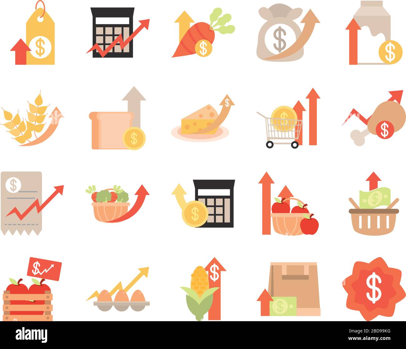 rising food prices, market commerce economy crisis icons set vector ...