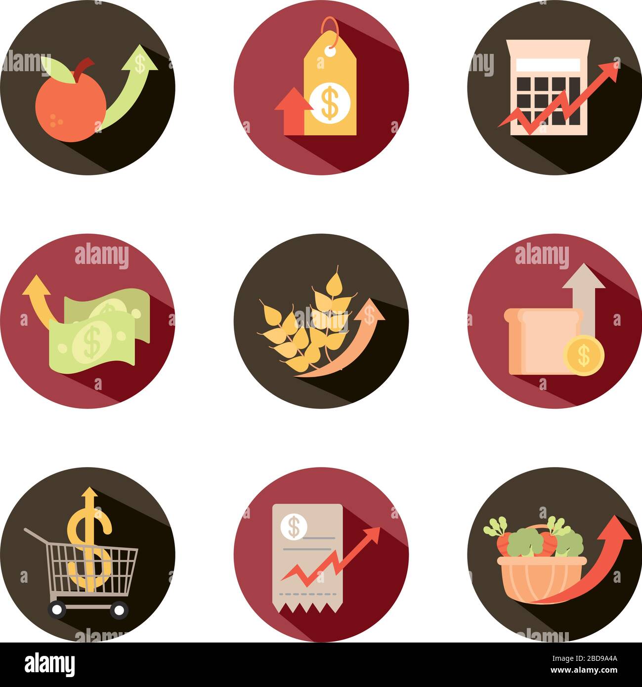 rising food prices, market commerce economy crisis icons set vector ...