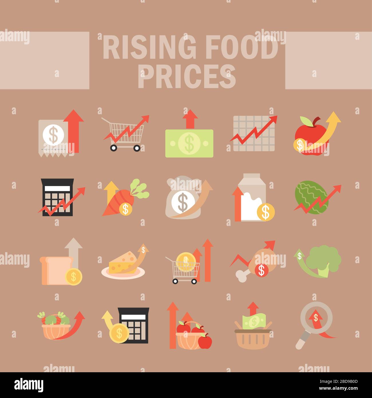 rising food prices, market commerce economy crisis icons set vector ...