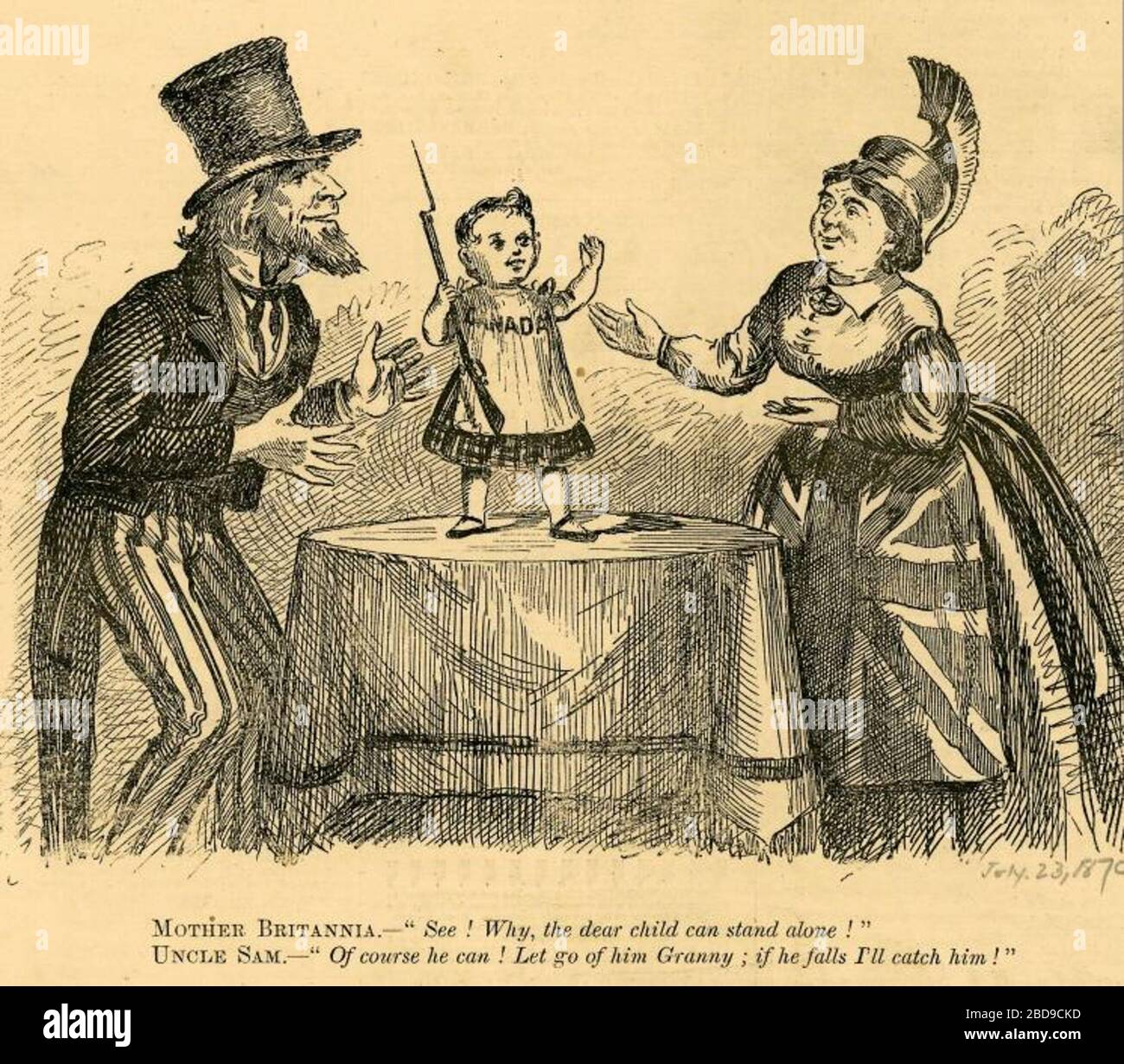 'Canada; English: Published in July 1870, when Canada took possession of Rupert's Land following the Red River Rebellion, this cartoon appeared just three years after the birth of Canada in 1867.  Canada is depicted as a child, with Great Britain, represented as Mother Britannia, holding out her protective arms. Uncle Sam, representing the United States, stands on the other side, ready to grab the child if it falls. Deutsch: Erschienen im Juli 1870, als Kanada Besitz von Ruperts Land nahm im Anschluss an die Red River Rebellion. Diese Karikatur erschien nur drei Jahre nach der Geburt von Kanad Stock Photo