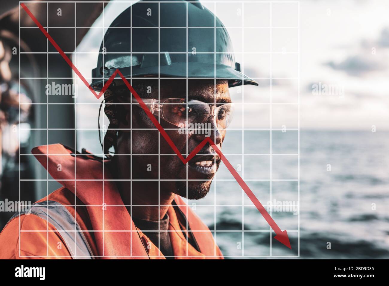 Concept of falling market in marine industry with downward graphics. Seaman AB or Bosun on deck of vessel or ship  Stock Photo