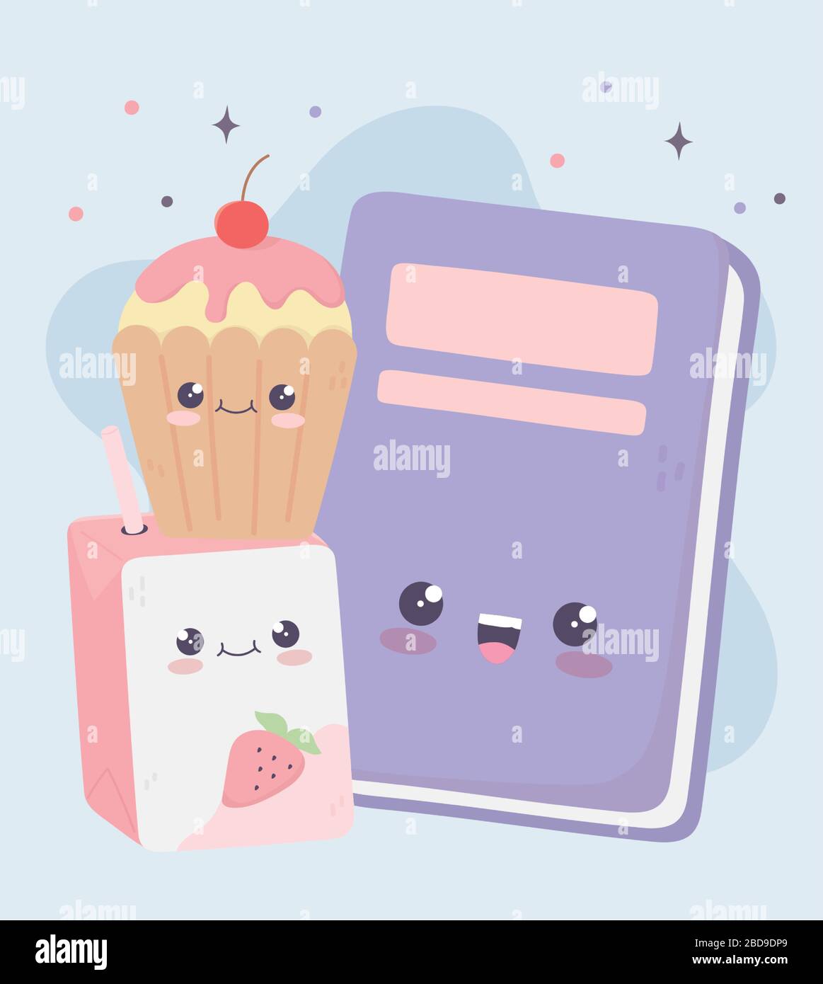 https://c8.alamy.com/comp/2BD9DP9/cute-book-cupcake-and-box-juice-kawaii-cartoon-character-vector-illustration-2BD9DP9.jpg