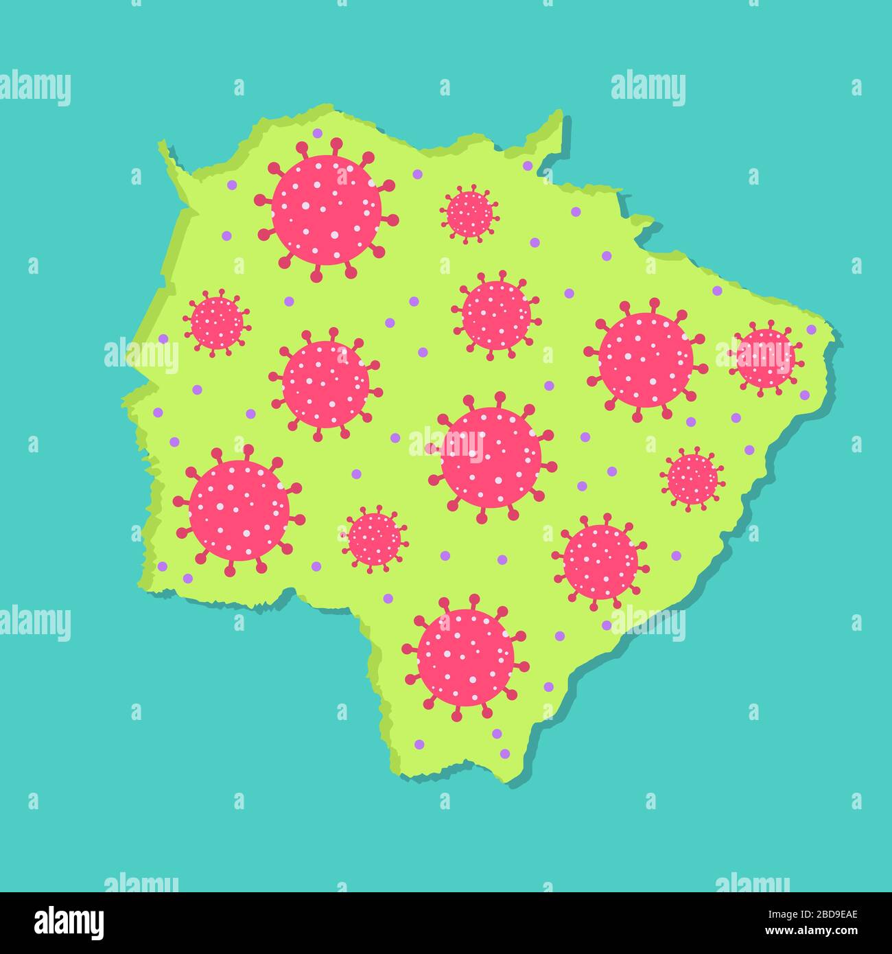 Map of Mato Grosso do Sul with virus. Coronavirus epidemic in brazilian state. Conceptual. Stock Vector