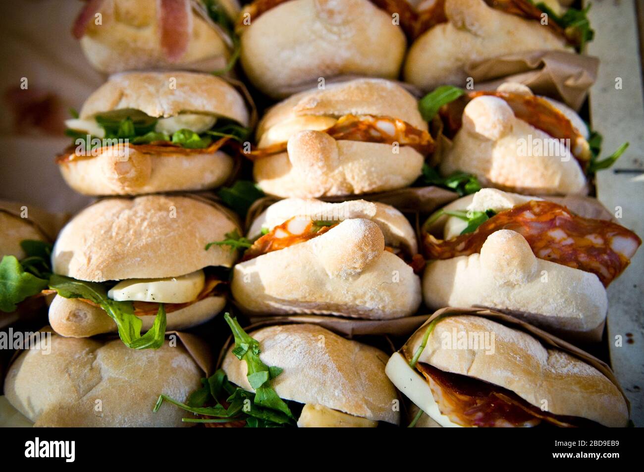 salami sandwiches on display and for sale on a street market in London