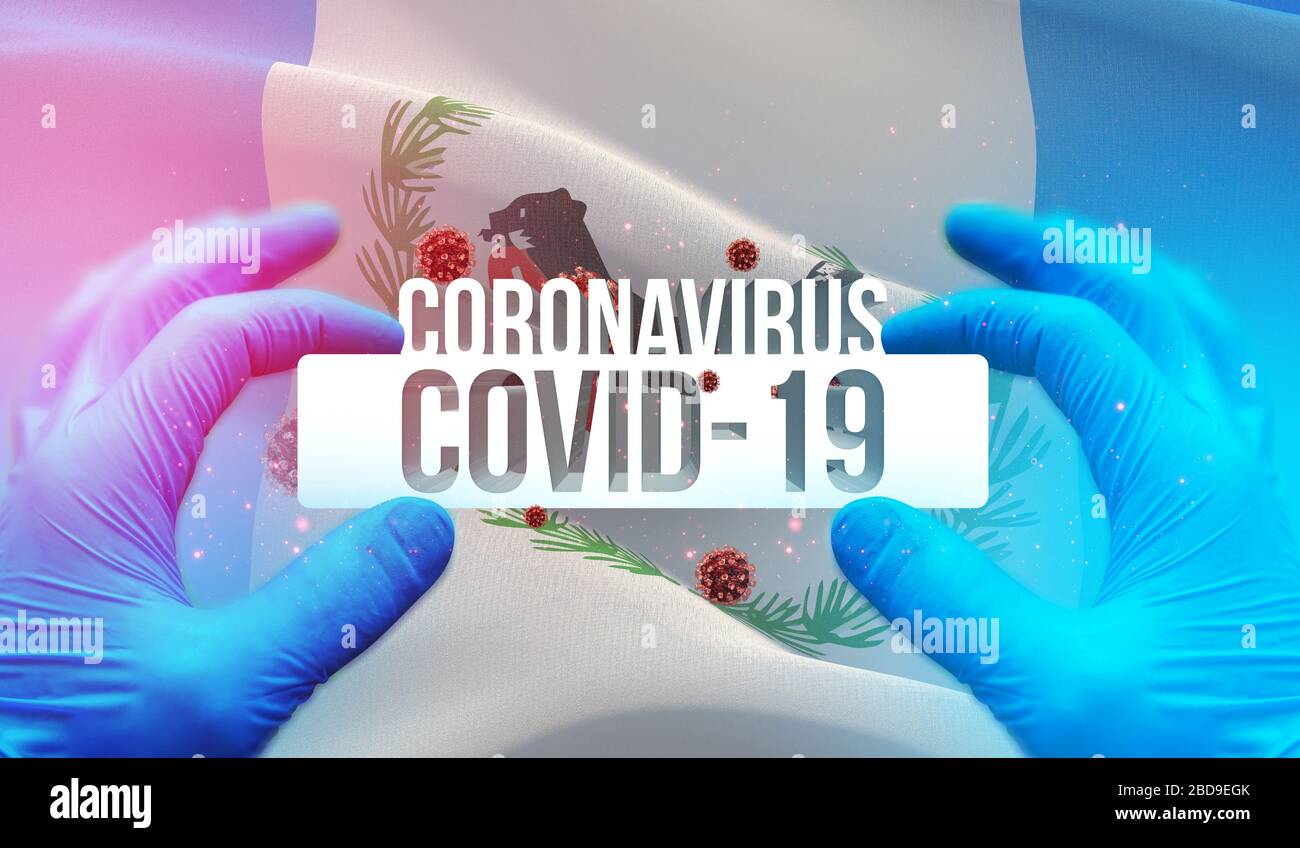 Coronavirus disease COVID-19 infection in russian region, flag images concept - Flag of Irkutsk Oblast. Coronavirus in Russia concept 3D illustration. Stock Photo
