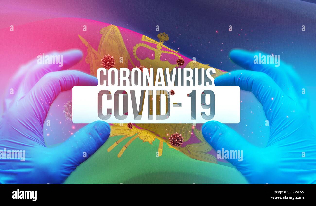 Coronavirus disease COVID-19 infection in russian region, flag images concept - Flag of Krasnodar Krai. Coronavirus in Russia concept 3D illustration. Stock Photo