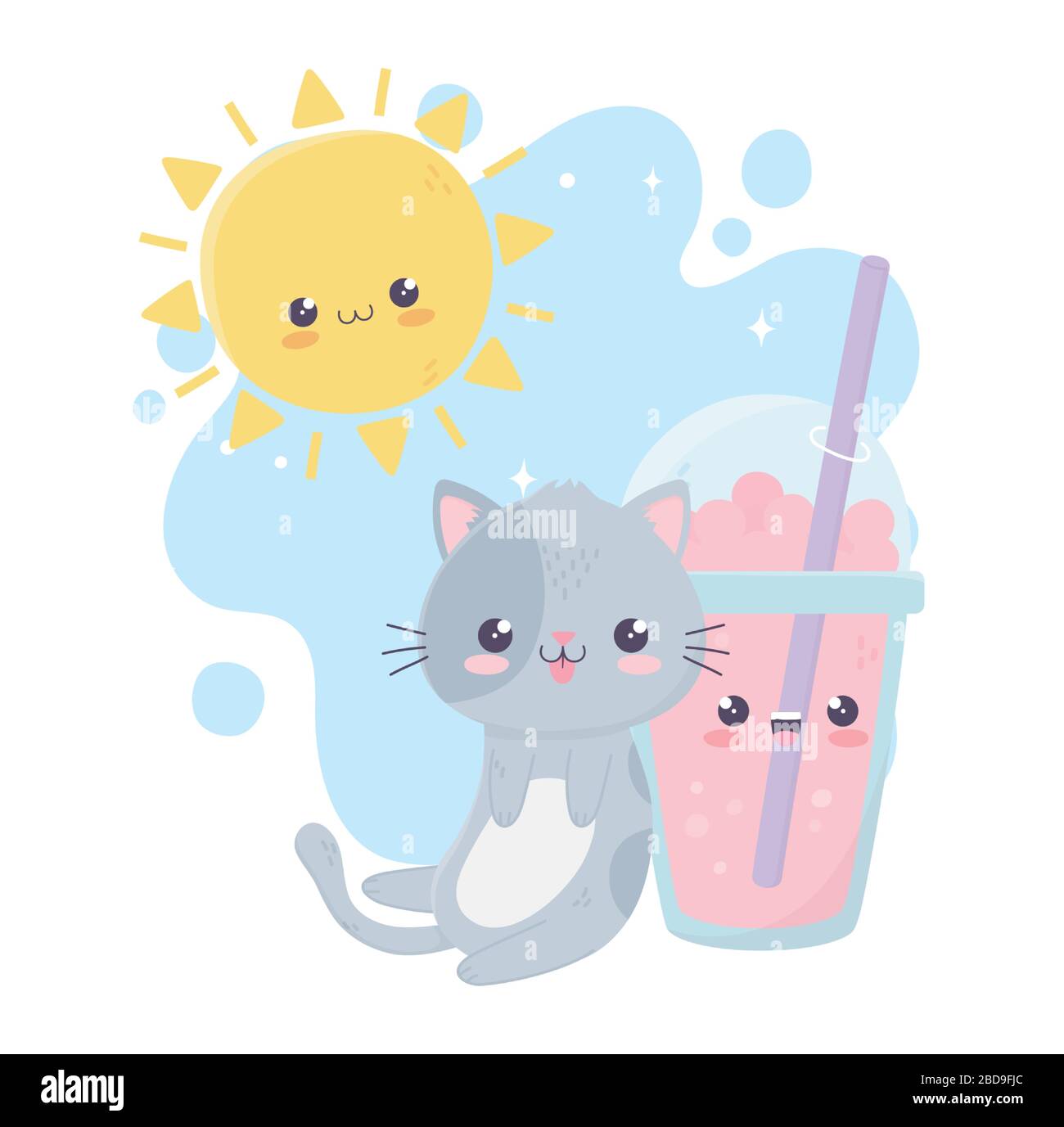 cute cat with milkshake sun kawaii cartoon character vector ...