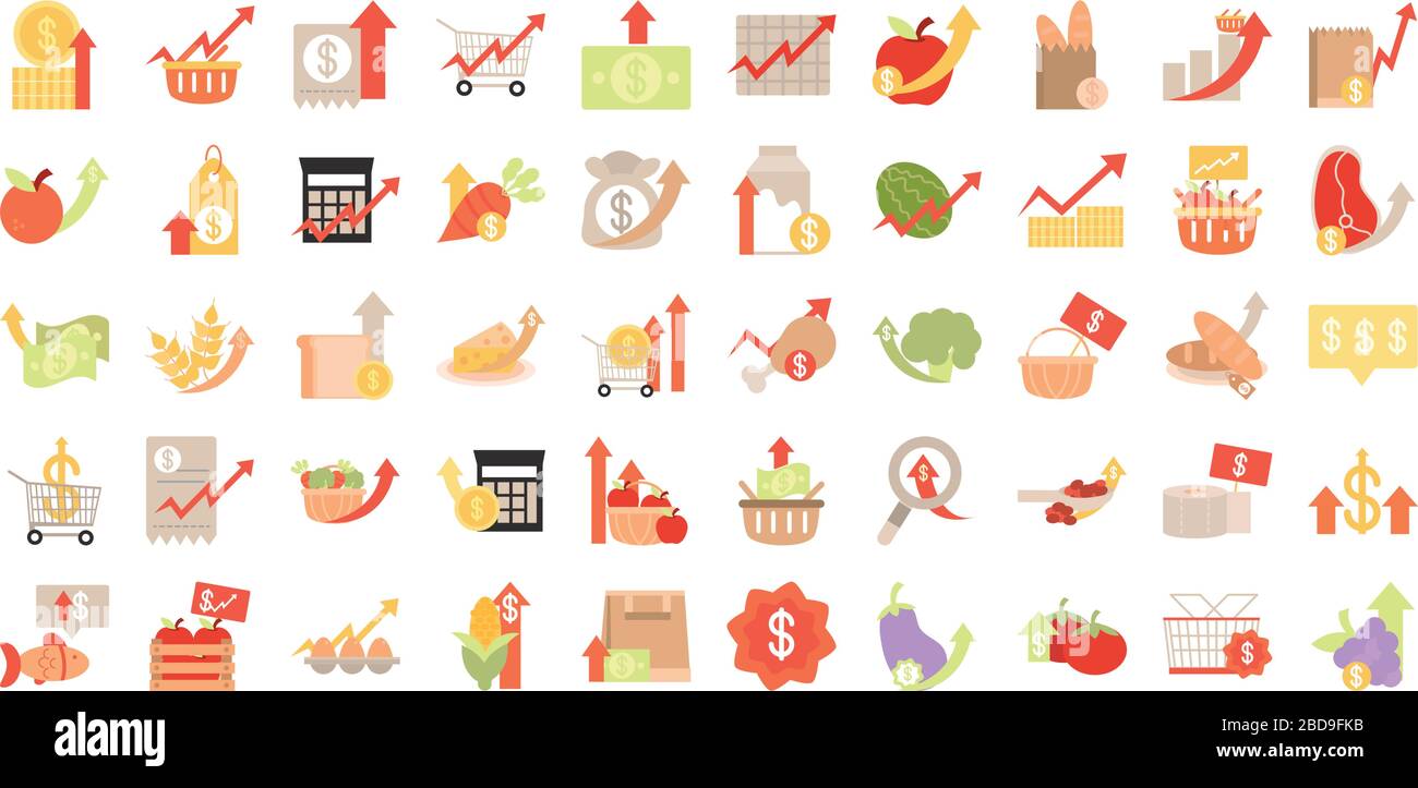 rising food prices, market commerce economy crisis icons set vector ...