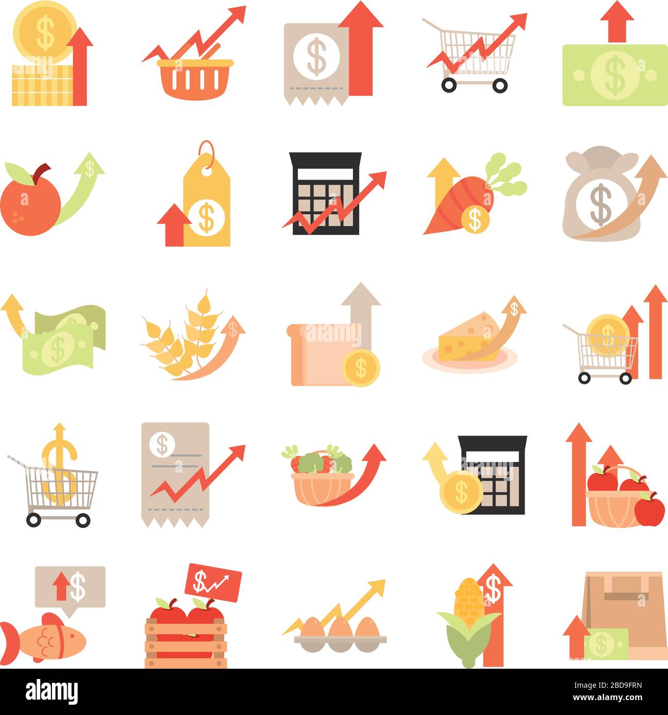 rising food prices, market commerce economy crisis icons set vector ...