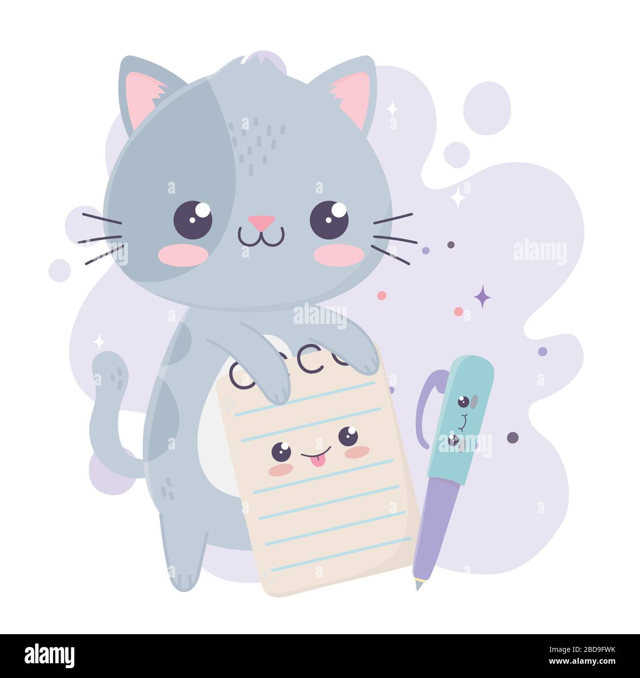 cute little cat with notepad and pen kawaii cartoon character vector ...