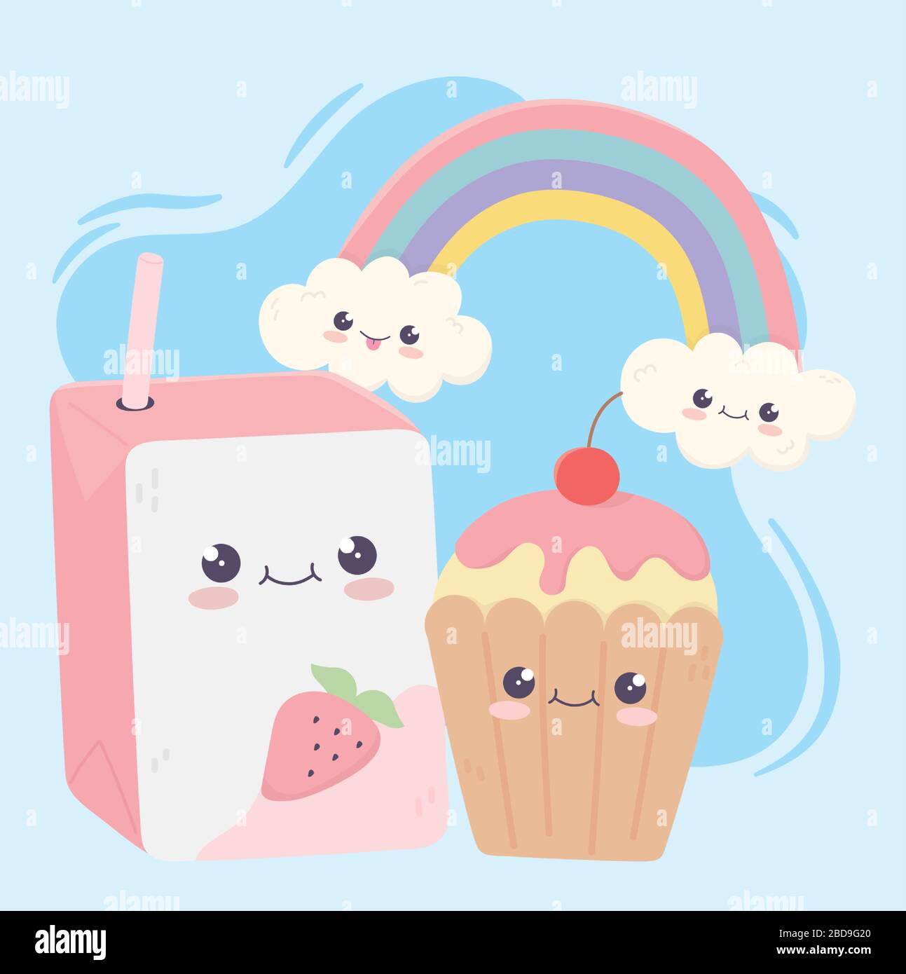 https://c8.alamy.com/comp/2BD9G20/cute-box-juice-and-cupcake-rainbow-kawaii-cartoon-character-vector-illustration-2BD9G20.jpg