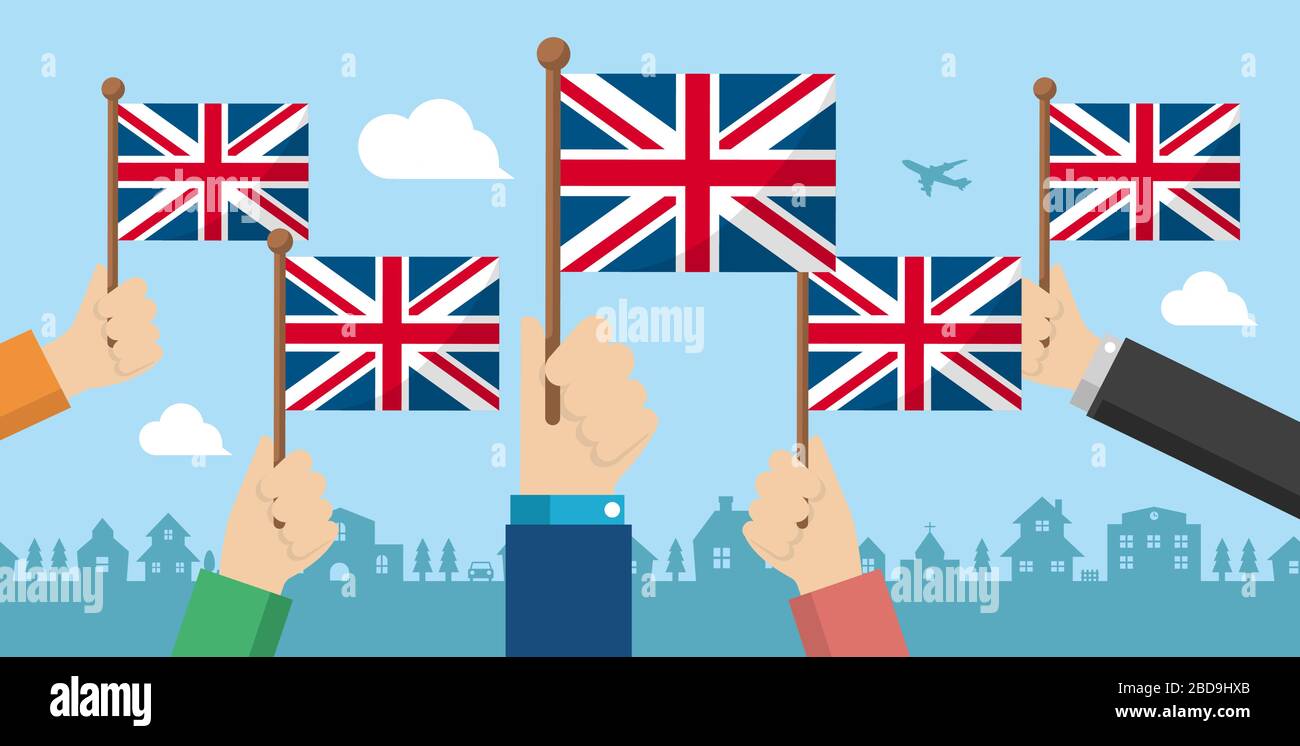 People holding the national flag in hand , vector banner illustration / UK, united kingdom