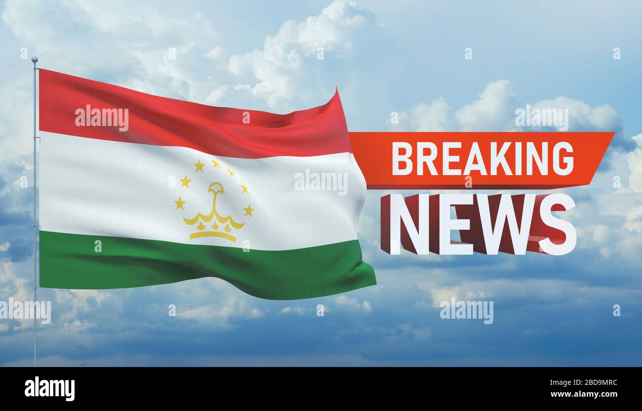 Breaking news. World news with backgorund waving national flag of Tajikistan. 3D illustration. Stock Photo
