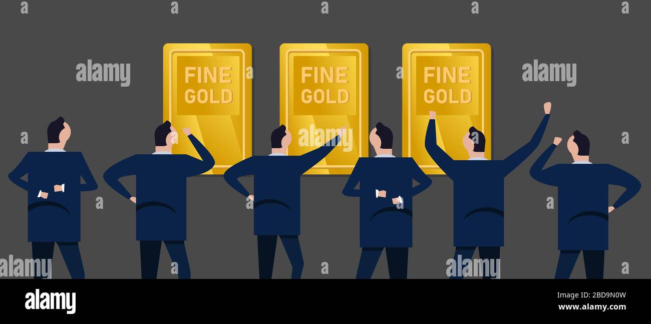 Employee businessman looking together at gold bar concept of precious metal price in market Stock Vector