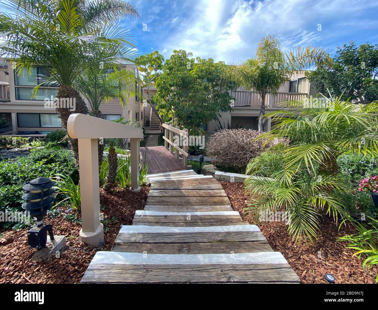 Clean garden and lawn along the walk path through the typical apartment