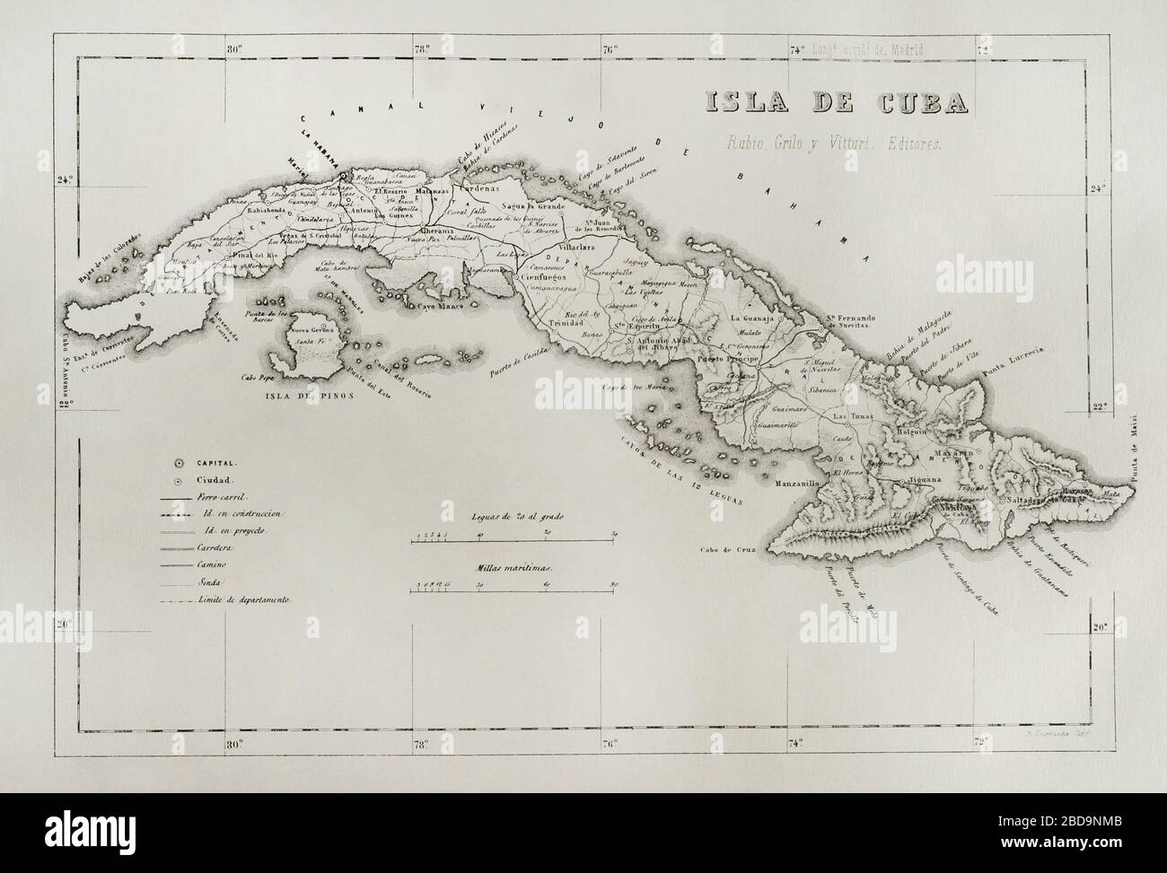 Mapa de la Isla de Cuba (Colonia española). Crónica General de España, Historia Ilustrada y Descriptiva de sus Provincias. Tomo Las Antillas, 1871. Stock Photo