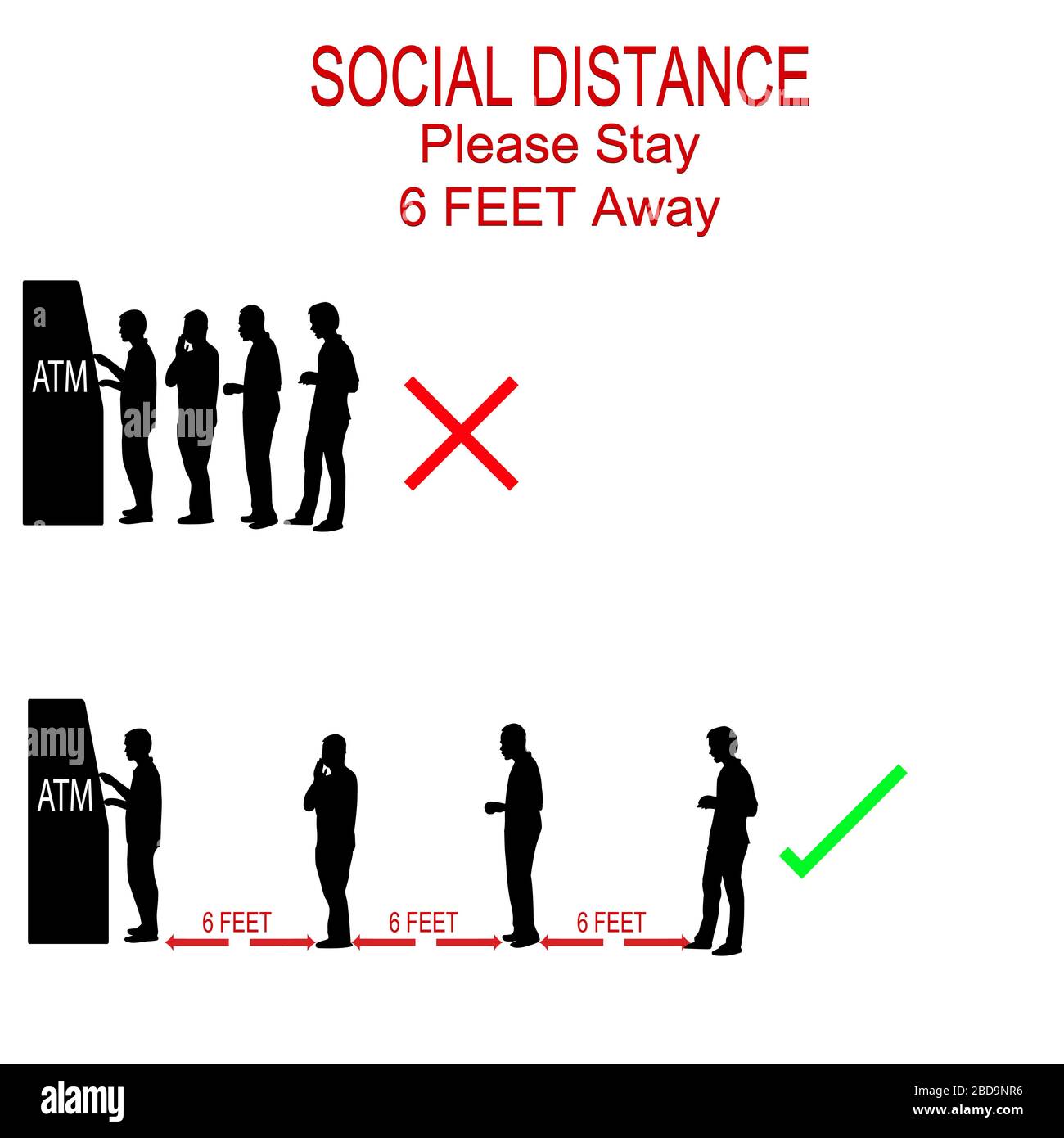 ATM cash dispenser pictures with silhouettes of people, people to stand 6 feet apart, the practices put in place to enforce social distancing,concept Stock Vector