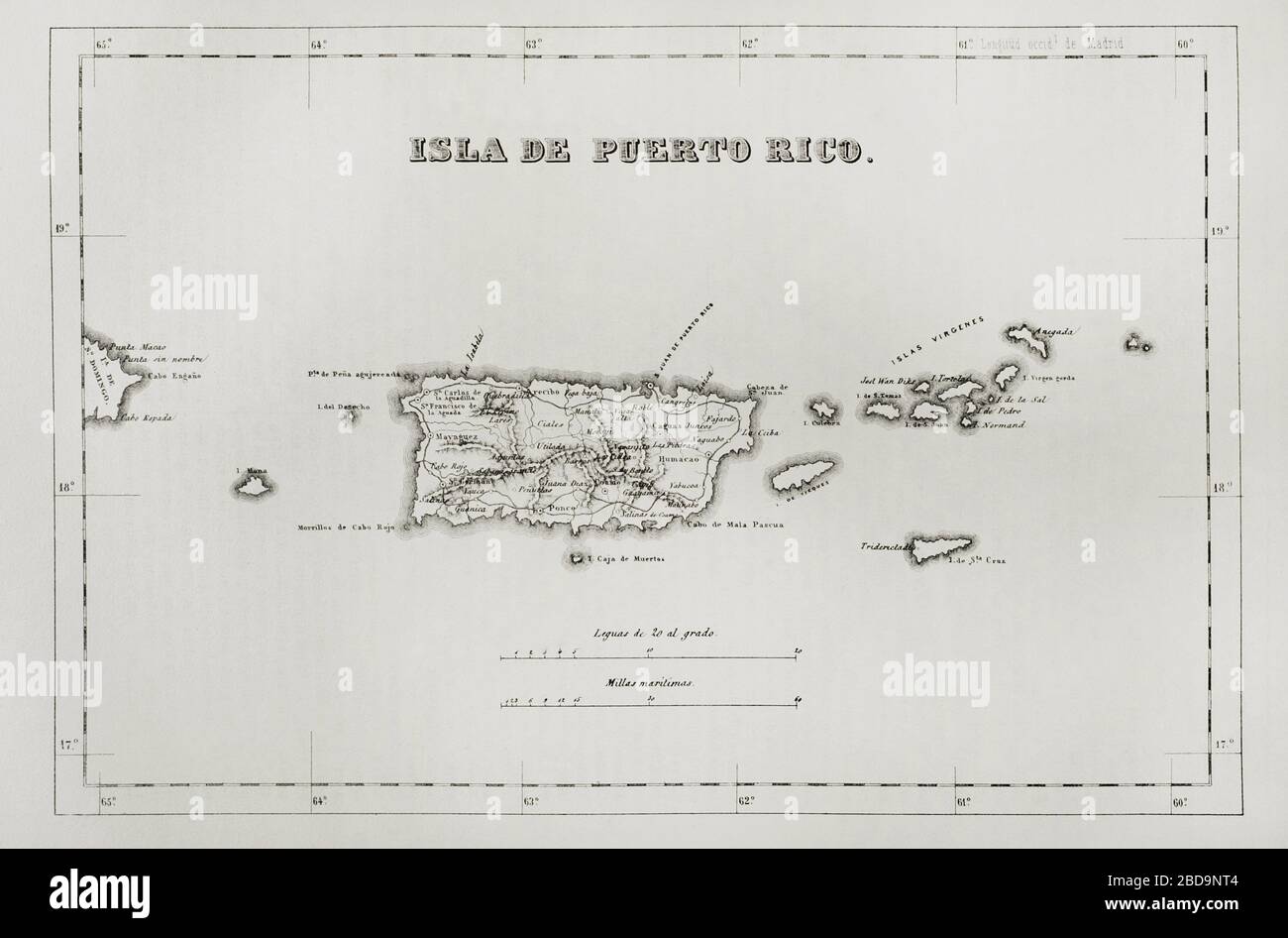 Mapa de Puerto Rico (Colonia Española). Crónica General de España, Historia Ilustrada y Descriptiva de sus Provincias. Tomo Las Antillas, 1871. Stock Photo