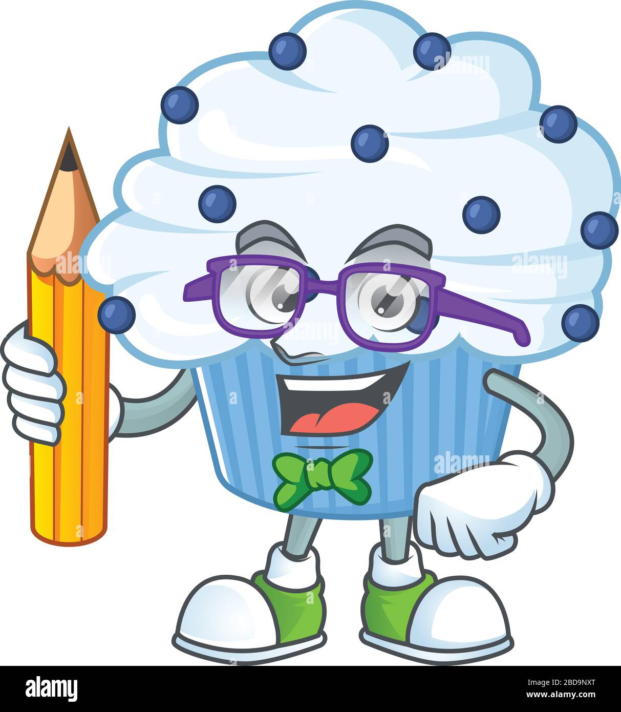 Vanilla blue cupcake student cartoon character studying with pencil ...
