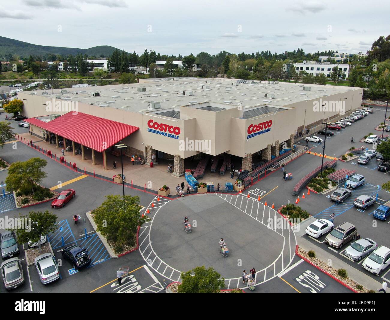 Aerial view of Costco Wholesale store and parking lot in San Diego, USA