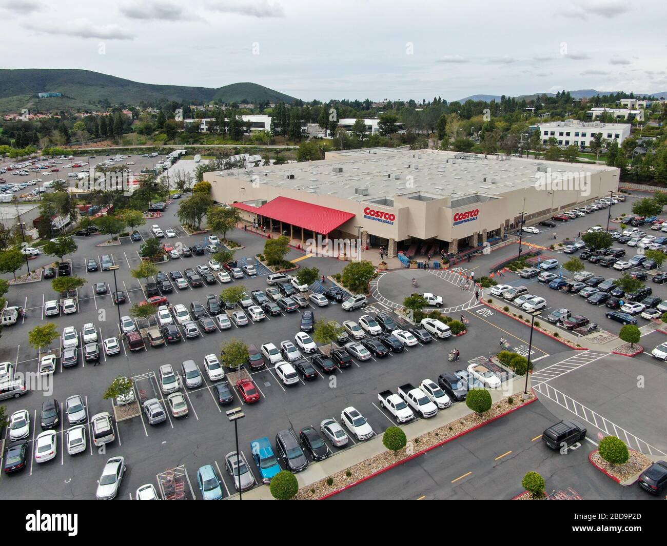 Aerial view of Costco Wholesale store and parking lot in San Diego, USA