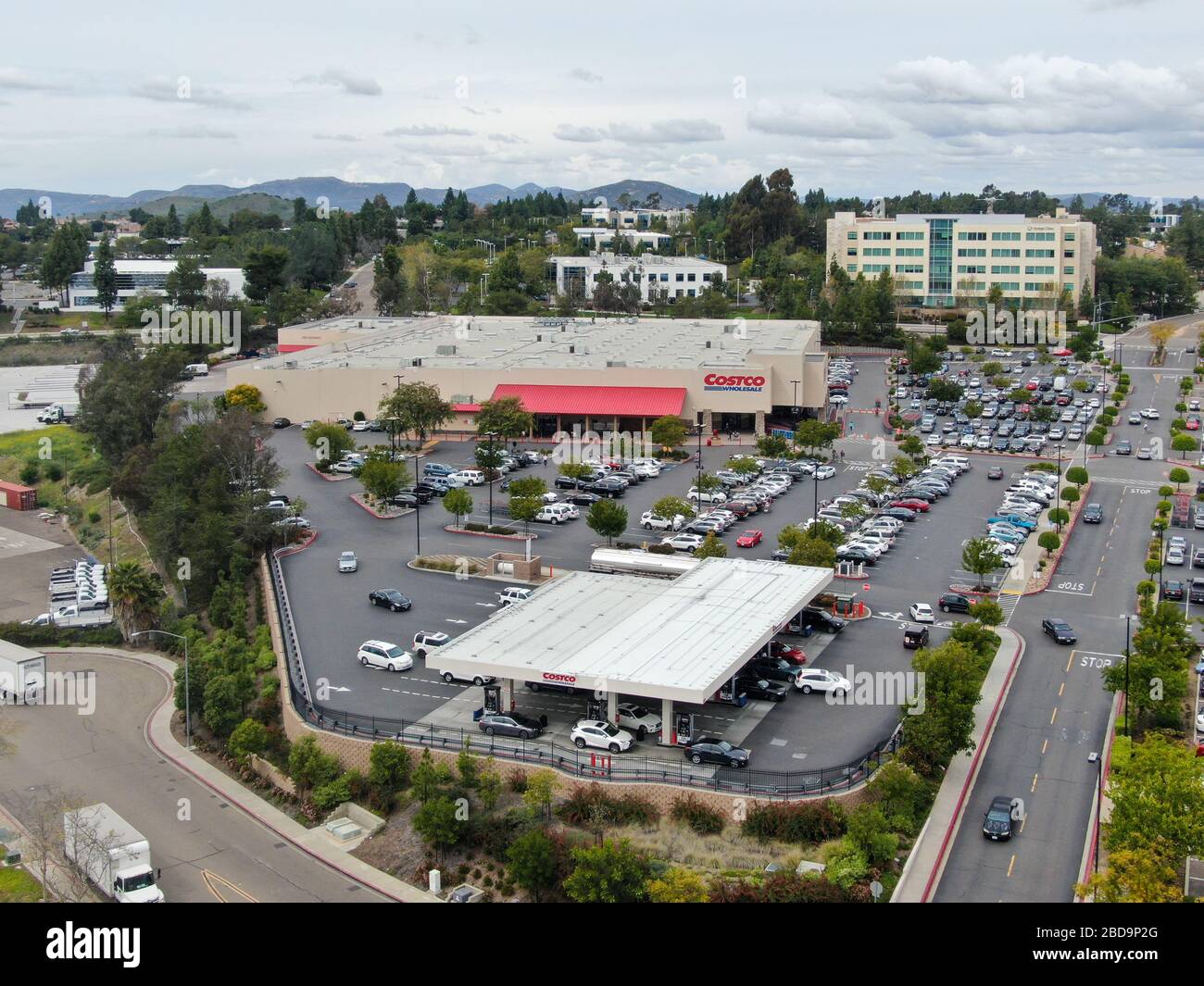 Aerial view of Costco Wholesale store and parking lot in San Diego, USA. March 20th, 2020 Stock