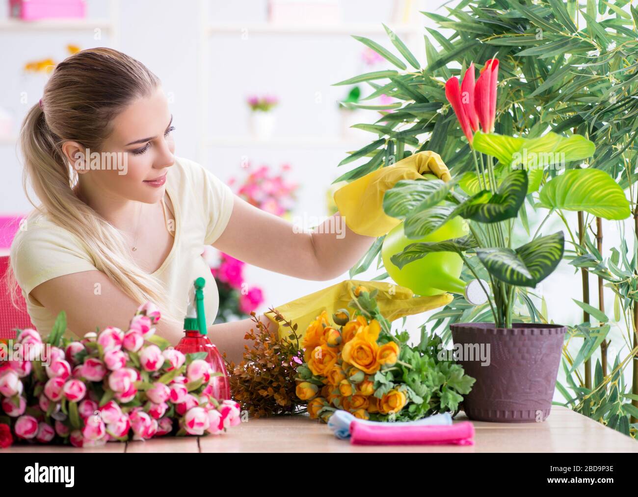 The young woman watering plants in her garden Stock Photo - Alamy