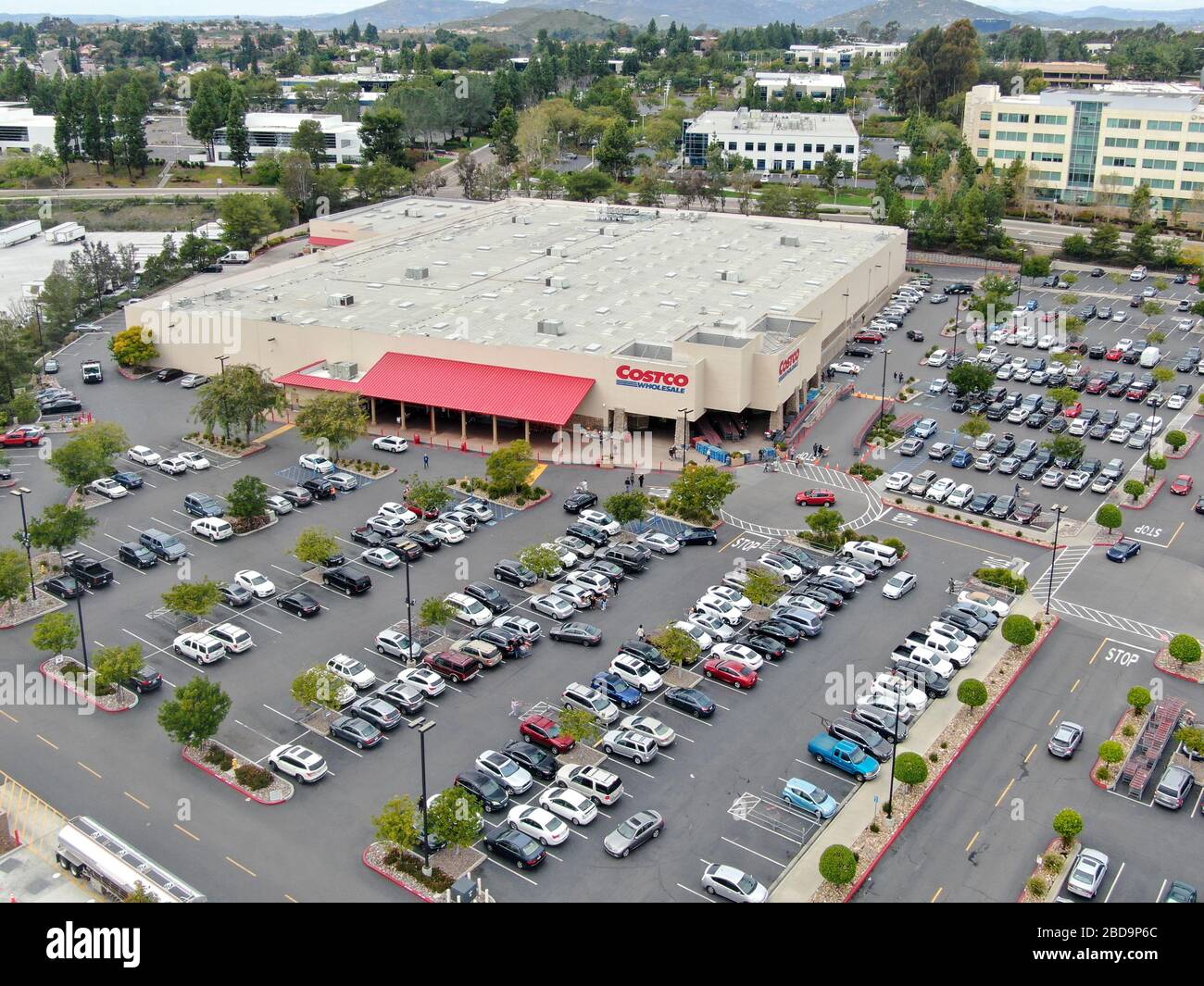 Aerial view of Costco Wholesale store and parking lot in San Diego, USA