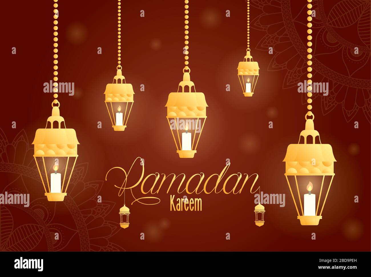 Ramadan kareem card with golden lanterns hanging Stock Vector Image ...
