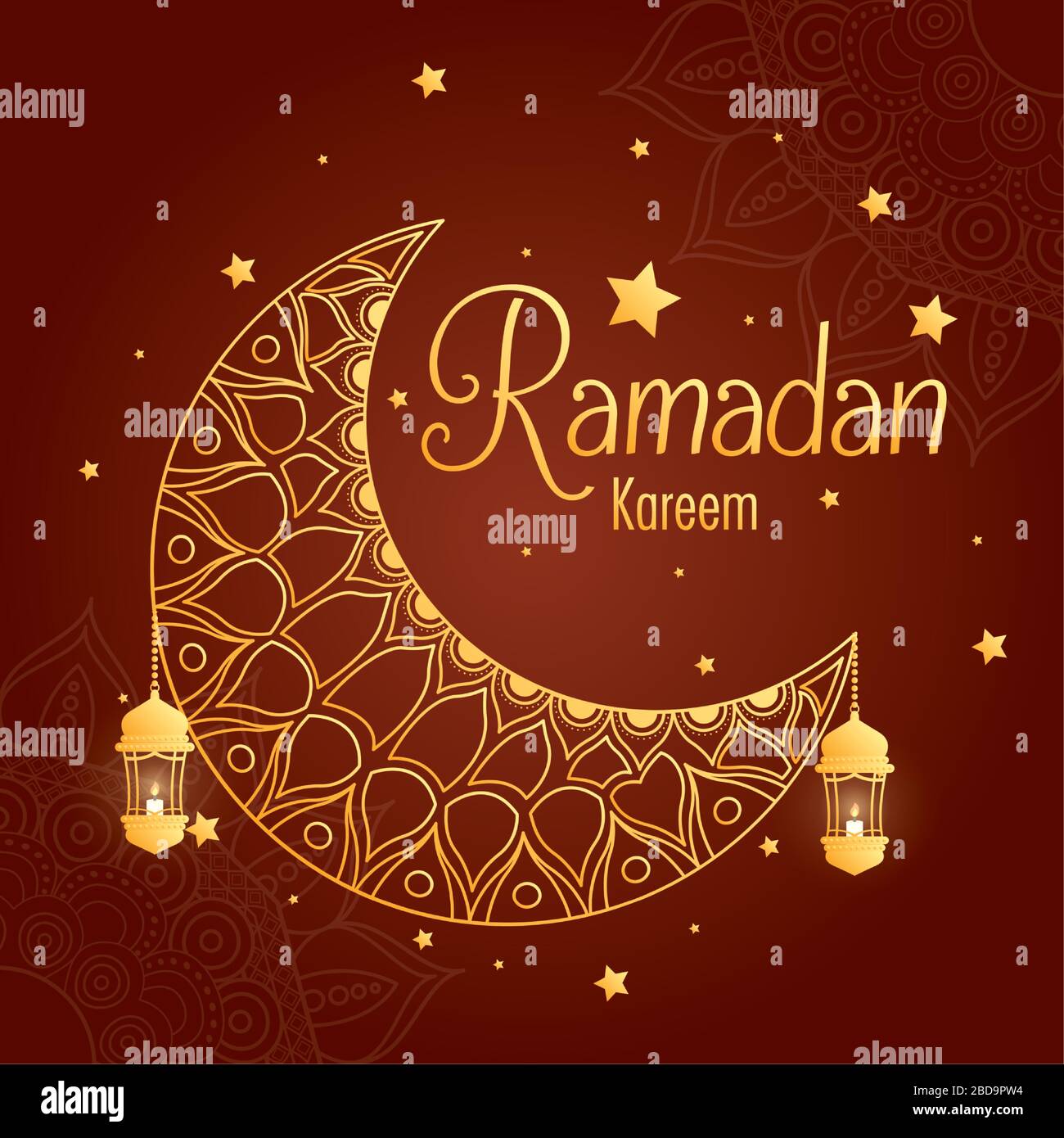 Ramadan kareem card with moon and golden lantern hanging Stock Vector ...