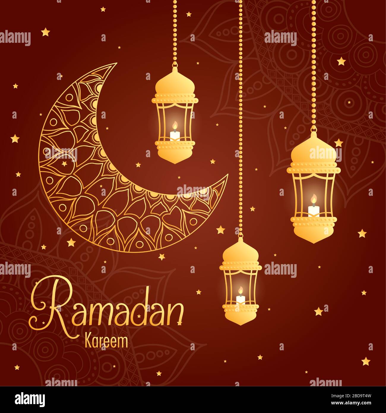 Ramadan kareem card with moon and golden lantern hanging Stock Vector ...