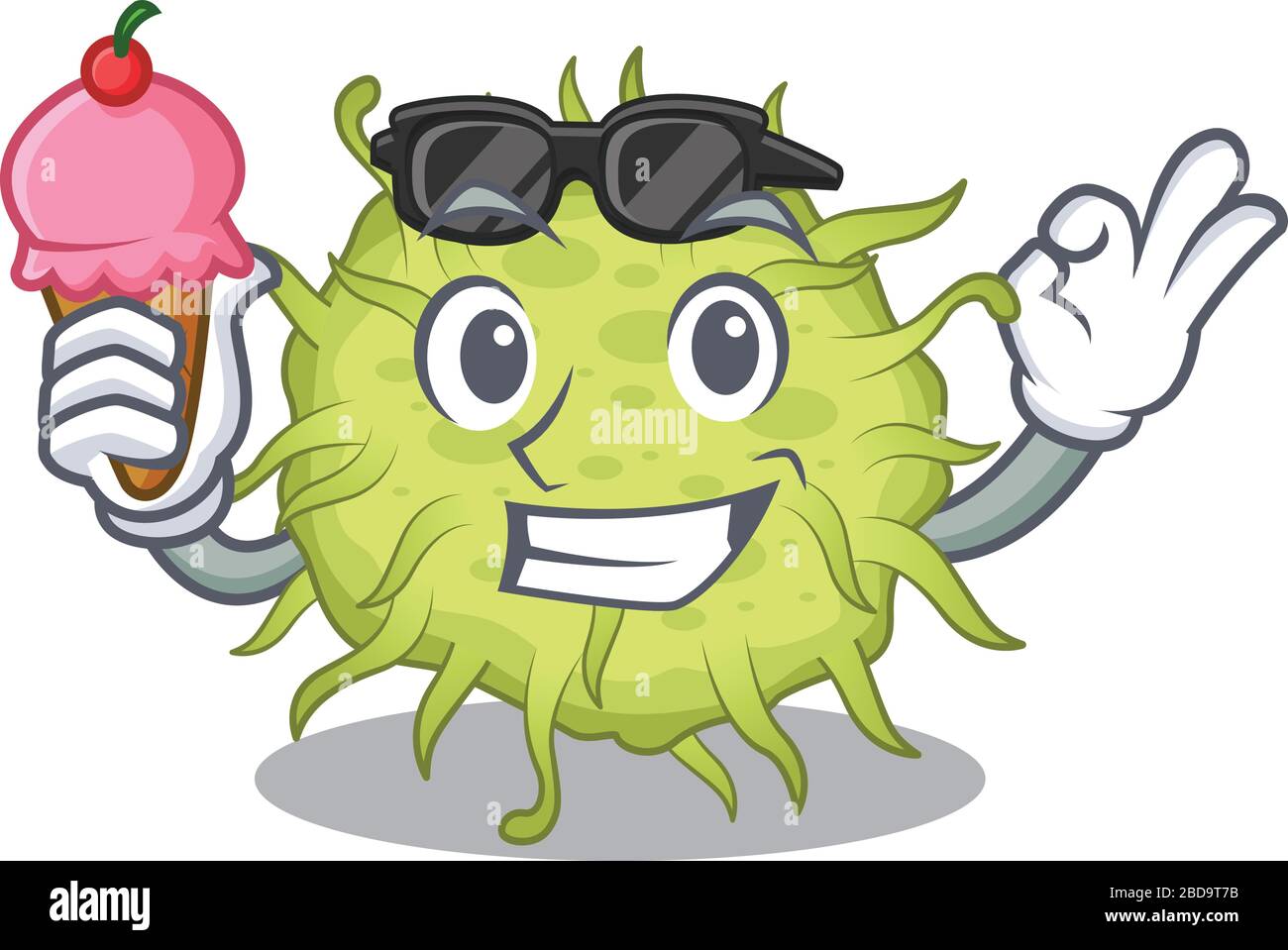 Cartoon design concept of bacteria coccus having an ice cream Stock