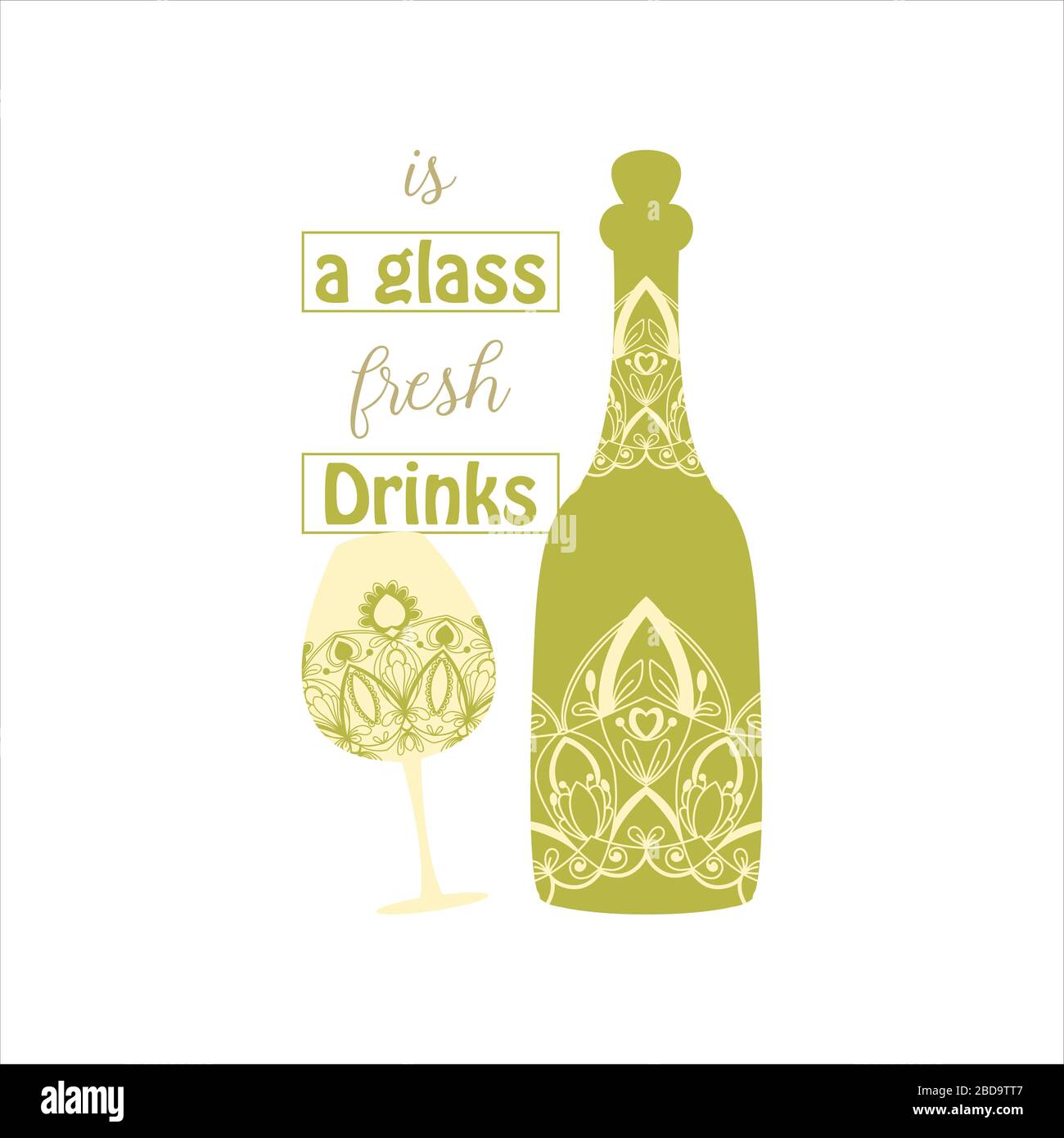 Vintage green olive design for Bottle and glass for drink alcohol