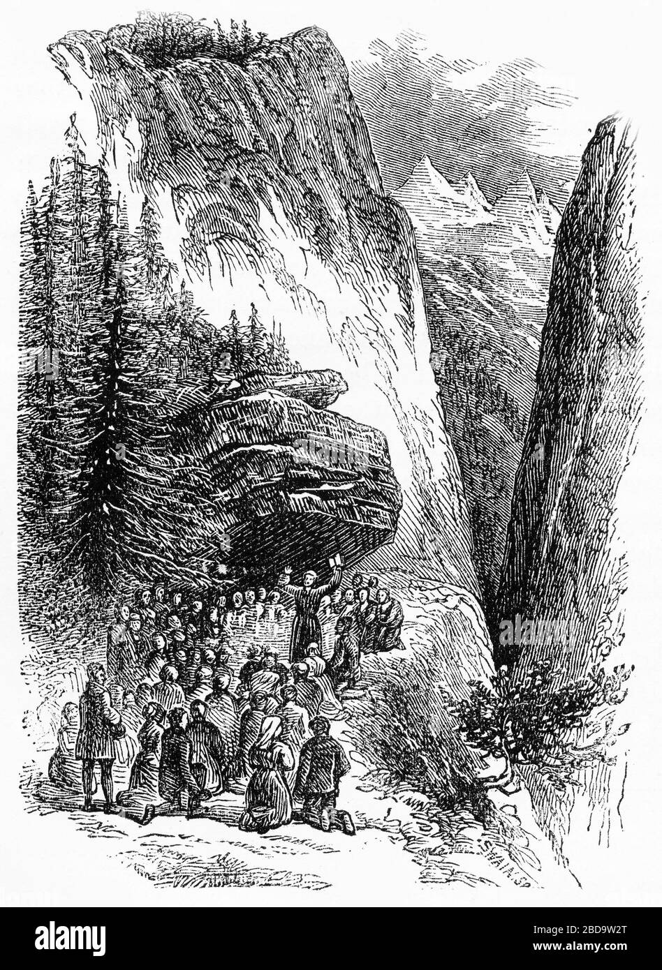 Engraving of a congregation of Christians worshipping in the mountains Stock Photo